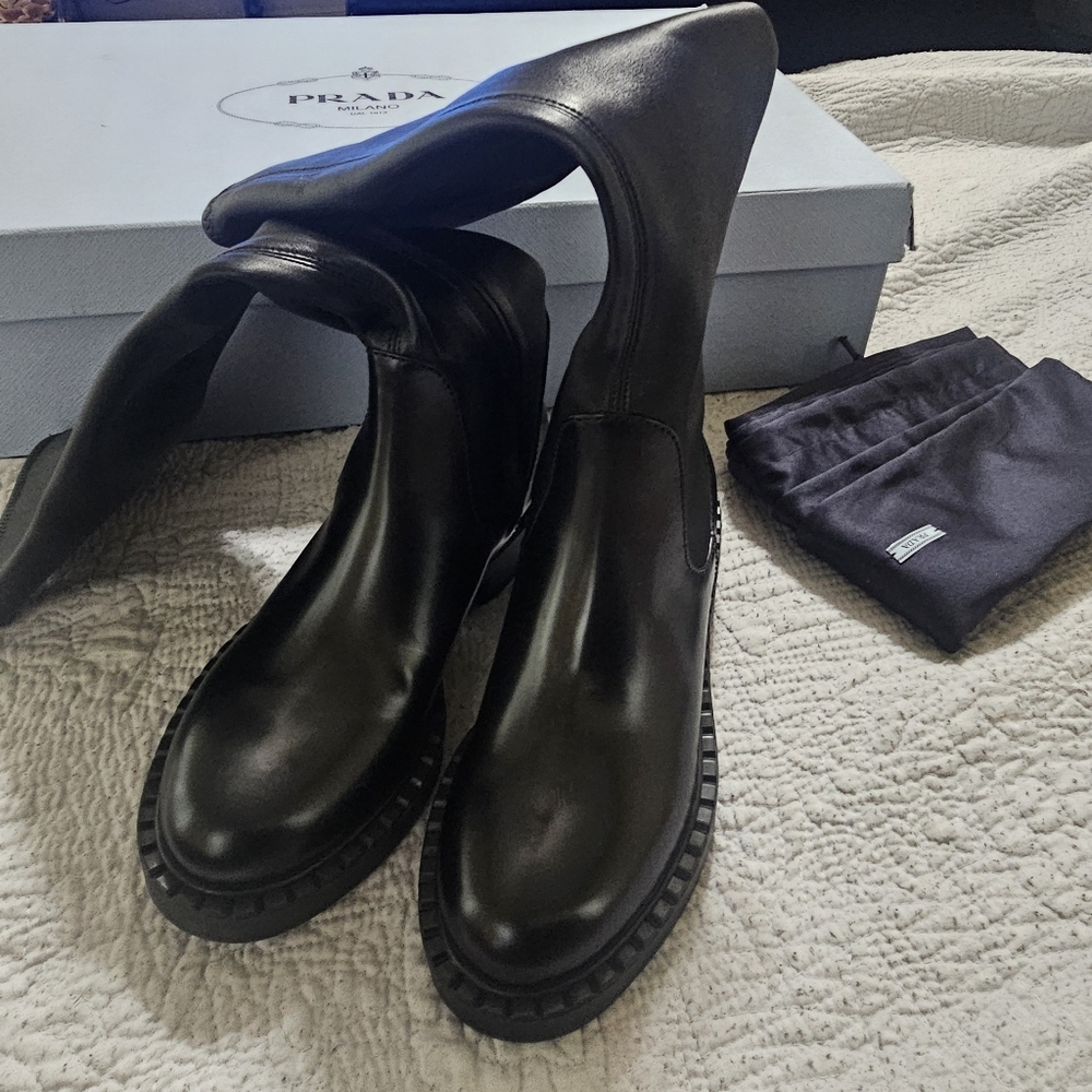 Prada Stretch Leather Tall Black Boots Size 37 - Picture 15 of 16